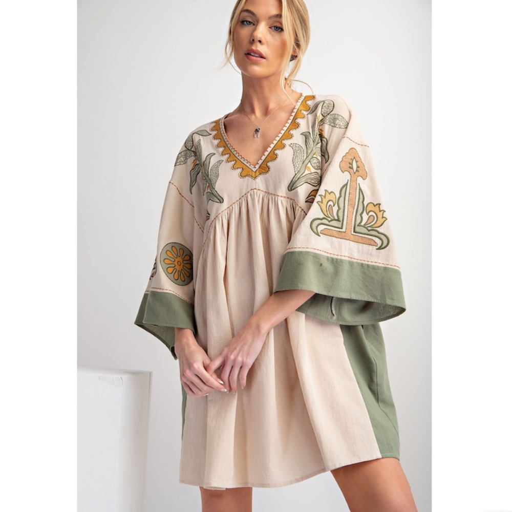 "The Kavi" Cream Embroidered Poly Linen Dress with Pockets. OBO